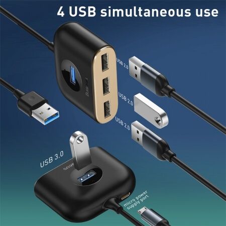 Переходник BASEUS Square round, USB3.0 - USB3.0  3xUSB2.0, 1 м, черный - 2