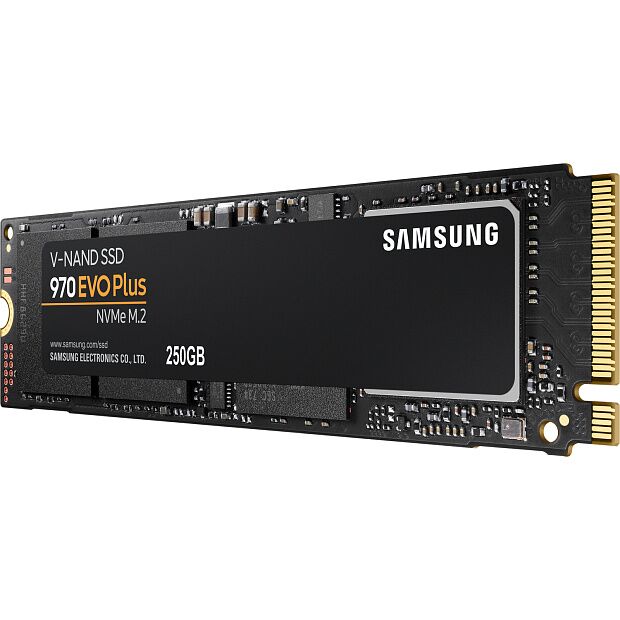 Твердотельные накопители Samsung SSD 970 EVO Plus, 250GB, M.2(22x80mm), NVMe 1.3, PCIe 3.0 x4, 3-bit MLC, R/W 3500/2300MB/s, IOPs 250 000/550 000, DR - 4