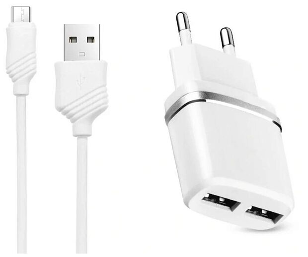 СЗУ HOCO C12 Smart 2xUSB, 2.4А  USB кабель MicroUSB, 1м (белый) - 1