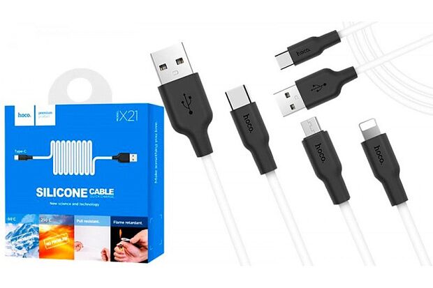USB кабель HOCO X21 Silicone Lightning 8-pin, 1м, силикон (белый/черный) - 2
