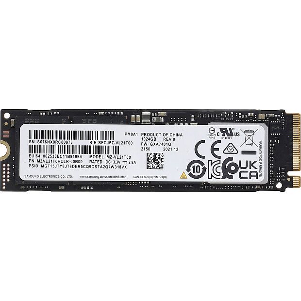 Твердотельный накопитель Samsung SSD PM9A1, 1024GB, M.2(22x80mm), NVMe, PCIe 4.0 x4, R/W 7000/5100MB/s, IOPs 1 000 000/850 000, DRAM buffer 1024MB (1 - 2
