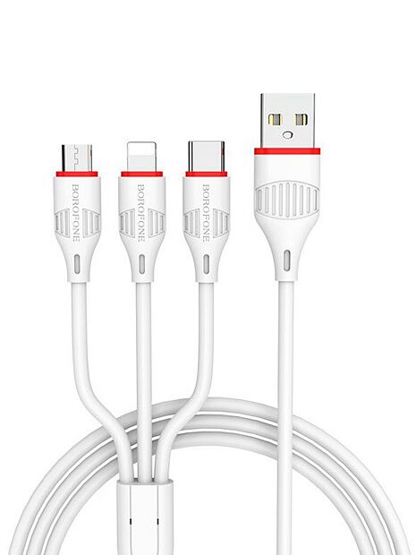 USB кабель BOROFONE BX17 3-in-1 Lightning 8-pin/MicroUSB/Type-C, 2.4A, 1м, PVC (белый) - 1
