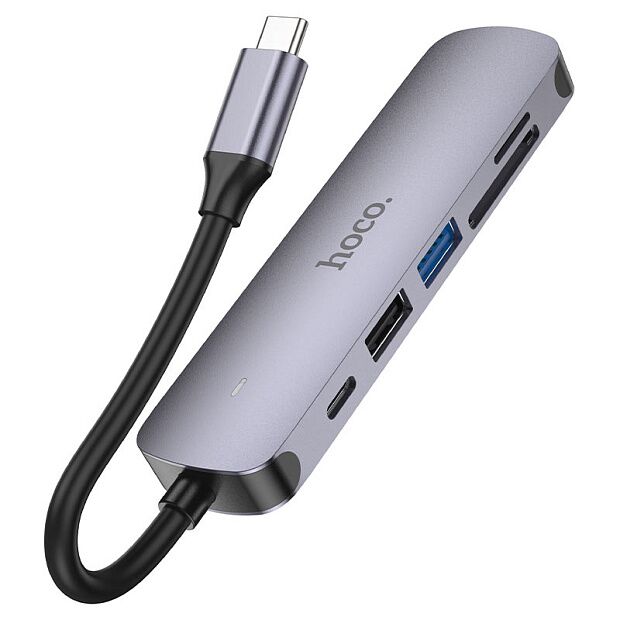 Хаб 6 в 1 Hoco HB28 USB 2.0, 1 USB 3.0, Type-C, Card Reader SD, Micro SD, HDMI серый - 6