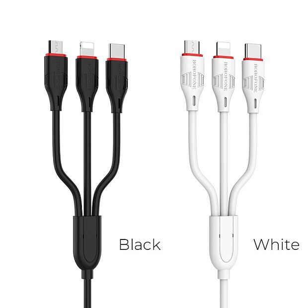USB кабель BOROFONE BX17 3-in-1 Lightning 8-pin/MicroUSB/Type-C, 2.4A, 1м, PVC (черный) - 3
