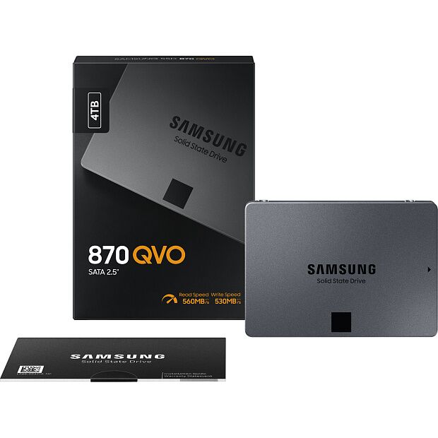 Твердотельные накопители Samsung SSD 870 QVO, 4000GB, 2.5 7mm, SATA3, 4-bit MLC, R/W 560/530MB/s, IOPs 98 000/88 000, TBW 1440, DWPD 0.33 (12 мес.) - 7
