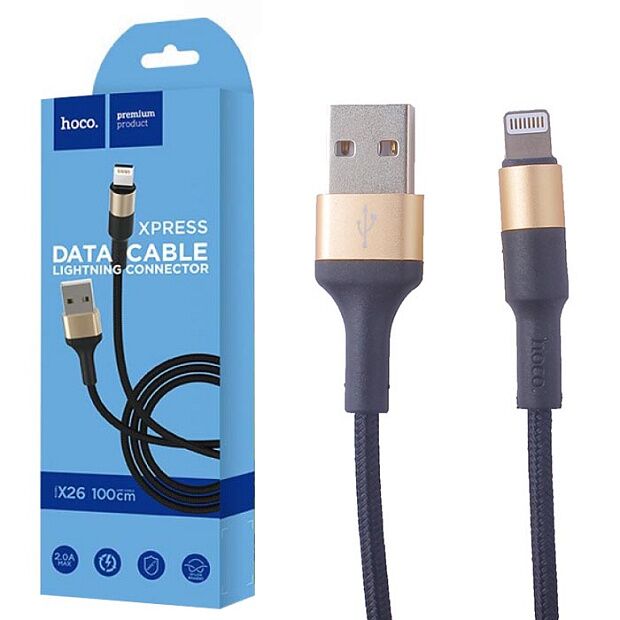 USB кабель HOCO X26 Xpress Lightning 8-pin, 1м, нейлон (черный/золотой) - 3